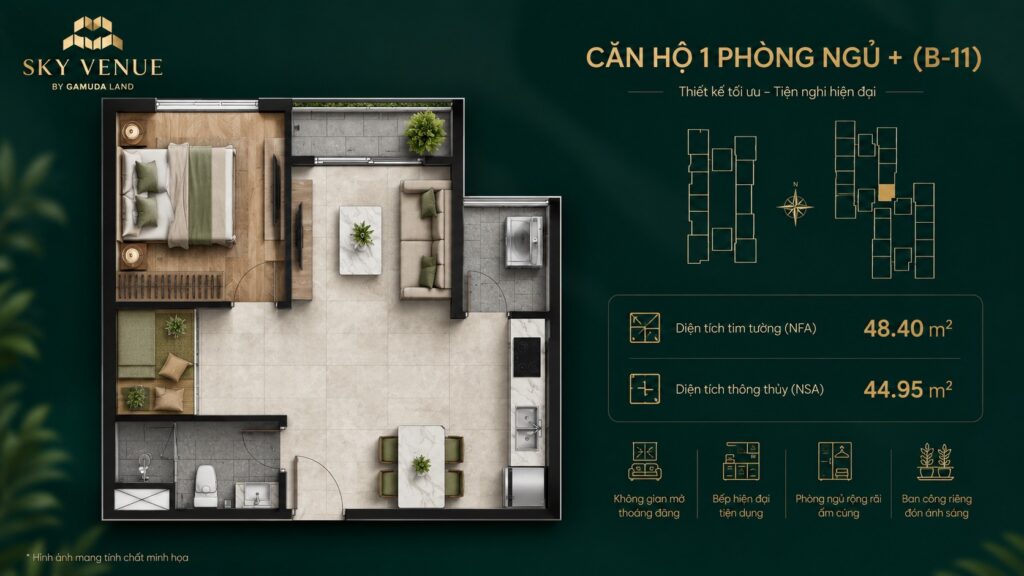 Thiết kế căn 1Pn căn hộ sky venue bình dương